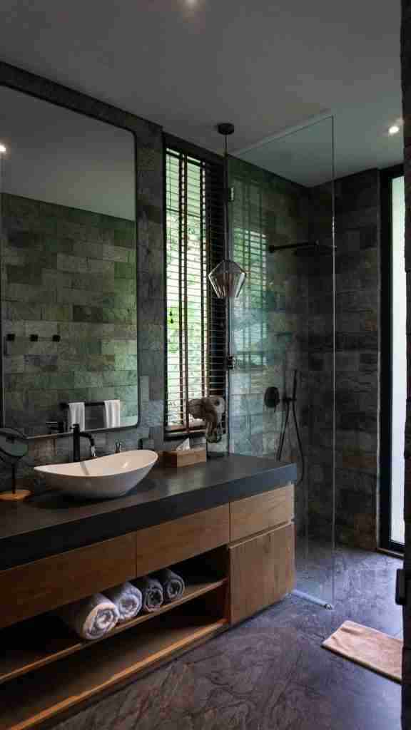 Modern bathroom at Munduk Cabins with clean lines, natural textures, and jungle-inspired design — luxury retreat style featured on Bohemian Bela.
